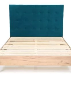 Homifab Lits Lit 140x190 Effet Chêne + Sommier + Tête De Lit En Velours Bleu Canard