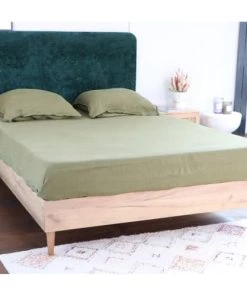 Homifab Lits Lit 140x190 Effet Chêne + Sommier + Tête De Lit En Velours Gratté Vert -Sommiers Soldes lit 140x190 effet chene sommier tete de lit en velours gratte vert 2