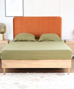 Homifab Lits Lit 140x190 Effet Chêne + Sommier + Tête De Lit En Velours Rouille -Sommiers Soldes lit 140x190 effet chene sommier tete de lit en velours rouille 7