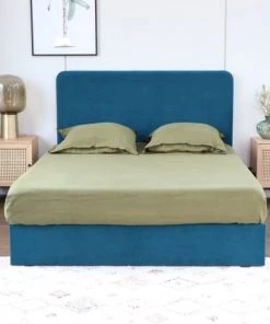 Homifab Lits Lit 160 X 200 En Velours Bleu + Tête De Lit Et Sommier -Sommiers Soldes lit 160 x 200 en velours bleu tete de lit et sommier 1