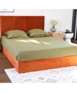 Homifab Lits Lit 160 X 200 En Velours Rouille Avec Tête De Lit Et Sommier -Sommiers Soldes lit 160 x 200 en velours rouille avec tete de lit et sommier 2