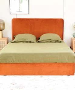 Homifab Lits Lit 160 X 200 En Velours Rouille + Tête De Lit Et Sommier -Sommiers Soldes lit 160 x 200 en velours rouille tete de lit et sommier 1
