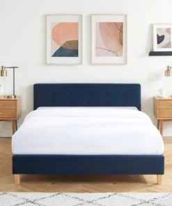Homifab Lits Lit Adulte 140x190 Avec Tête De Lit Capitonnée En Velours Bleu Foncé -Sommiers Soldes lit adulte 140x190 avec tete de lit capitonnee en velours bleu fonce 2