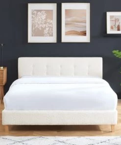 Homifab Lits Lit Adulte 140x190 Avec Tête De Lit En Tissu Bouclé Beige Et Sommier -Sommiers Soldes lit adulte 140x190 avec tete de lit en tissu boucle beige et sommier 1