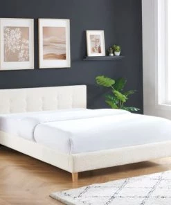 Homifab Lits Lit Adulte 140x190 Avec Tête De Lit En Tissu Bouclé Beige Et Sommier -Sommiers Soldes lit adulte 140x190 avec tete de lit en tissu boucle beige et sommier 2