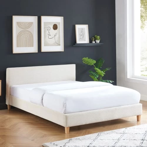 Homifab Lits Lit Adulte 140x190 Avec Tête De Lit En Velours Côtelé Beige Et Sommier 5 Homifab Lits Lit Adulte 140x190 Avec Tête De Lit En Velours Côtelé Beige Et Sommier – Image 3