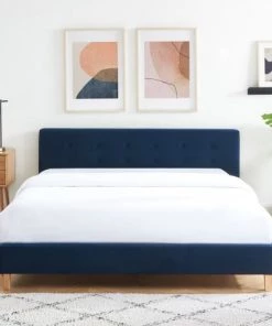 Homifab Lits Lit Adulte 160x200 Avec Tête De Lit En Velours Bleu Foncé Et Sommier -Sommiers Soldes lit adulte 160x200 avec tete de lit en velours bleu fonce et sommier 1