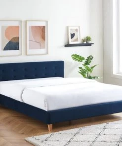 Homifab Lits Lit Adulte 160x200 Avec Tête De Lit En Velours Bleu Foncé Et Sommier -Sommiers Soldes lit adulte 160x200 avec tete de lit en velours bleu fonce et sommier 2