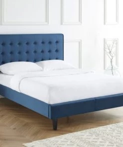 ELLE Décoration Lits Lit Adulte En Velours Bleu Canard, Sommier à Lattes, 140x190 -Sommiers Soldes lit adulte en velours bleu canard sommier a lattes 140x190 3