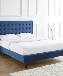 ELLE Décoration Lits Lit Adulte En Velours Bleu Canard, Sommier à Lattes, 160x200 -Sommiers Soldes lit adulte en velours bleu canard sommier a lattes 160x200 3