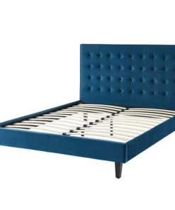 ELLE Décoration Lits Lit Adulte En Velours Bleu Canard, Sommier à Lattes, 160x200 -Sommiers Soldes lit adulte en velours bleu canard sommier a lattes 160x200 4