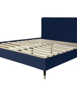 DIVA SALON Lits Lit Avec Sommier 2 Places En Velours Bleu Nuit -Sommiers Soldes lit avec sommier 2 places en velours bleu nuit 2