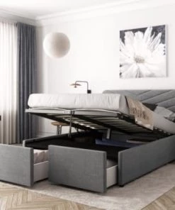 Usinestreet Lits Lit Avec Sommier à Lattes Et 2 Tiroirs En Tissu Gris - 140X190 -Sommiers Soldes lit avec sommier a lattes et 2 tiroirs en tissu gris 140x190 3
