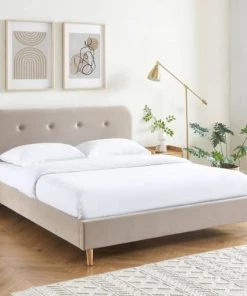 Drawer Lits Lit Capitonné En Velours 140x190cm Beige -Sommiers Soldes lit capitonne en velours 140x190cm beige 1