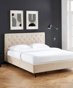 Drawer Lits Lit Capitonné En Velours 160x200cm Beige -Sommiers Soldes lit capitonne en velours 160x200cm beige 9