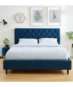 Drawer Lits Lit Capitonné En Velours 160x200cm Bleu Paon -Sommiers Soldes lit capitonne en velours 160x200cm bleu paon 1