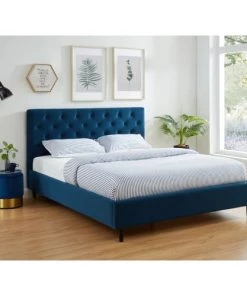 Drawer Lits Lit Capitonné En Velours 160x200cm Bleu Paon -Sommiers Soldes lit capitonne en velours 160x200cm bleu paon 4