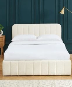 Homifab Lits Lit Coffre 140x190 En Tissu Bouclé Beige + Tête De Lit + Sommier -Sommiers Soldes lit coffre 140x190 en tissu boucle beige tete de lit sommier 3