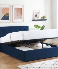 Sommiers Soldes -Sommiers Soldes lit coffre 140x190 en velours bleu fonce avec tete de lit et sommier 1