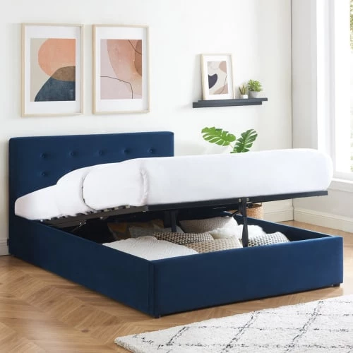 Homifab Lits Lit Coffre 140x190 En Velours Bleu Foncé Avec Tête De Lit Et Sommier 4 Homifab Lits Lit Coffre 140x190 En Velours Bleu Foncé Avec Tête De Lit Et Sommier – Image 2