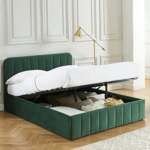 Homifab Lits Lit Coffre 140x190 En Velours Vert + Tête De Lit + Sommier à Lattes 4 Homifab Lits Lit Coffre 140x190 En Velours Vert + Tête De Lit + Sommier à Lattes – Image 2