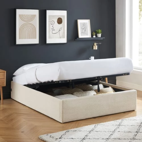 Homifab Lits Lit Coffre 140x190cm En Velours Côtelé Beige + Sommier à Lattes 4 Homifab Lits Lit Coffre 140x190cm En Velours Côtelé Beige + Sommier à Lattes – Image 2