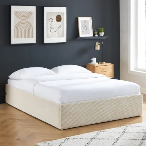 Homifab Lits Lit Coffre 140x190cm En Velours Côtelé Beige + Sommier à Lattes 5 Homifab Lits Lit Coffre 140x190cm En Velours Côtelé Beige + Sommier à Lattes – Image 3