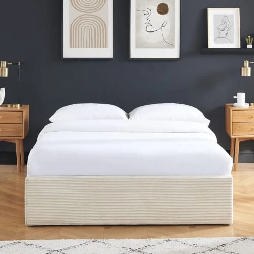 Homifab Lits Lit Coffre 140x190cm En Velours Côtelé Beige + Sommier à Lattes 6 Homifab Lits Lit Coffre 140x190cm En Velours Côtelé Beige + Sommier à Lattes – Image 4