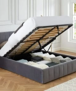 ELLE Décoration Lits Lit Coffre 140x190cm En Velours Gris + Tête De Lit + Sommier à Lattes -Sommiers Soldes lit coffre 140x190cm en velours gris tete de lit sommier a lattes 1