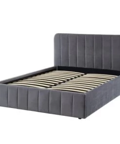 ELLE Décoration Lits Lit Coffre 140x190cm En Velours Gris + Tête De Lit + Sommier à Lattes -Sommiers Soldes lit coffre 140x190cm en velours gris tete de lit sommier a lattes 2