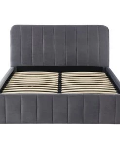 ELLE Décoration Lits Lit Coffre 140x190cm En Velours Gris + Tête De Lit + Sommier à Lattes -Sommiers Soldes lit coffre 140x190cm en velours gris tete de lit sommier a lattes 3