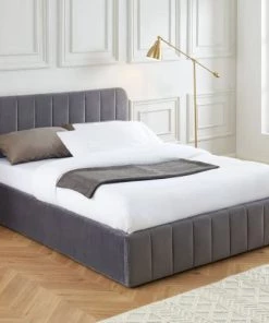 ELLE Décoration Lits Lit Coffre 140x190cm En Velours Gris + Tête De Lit + Sommier à Lattes -Sommiers Soldes lit coffre 140x190cm en velours gris tete de lit sommier a lattes 5