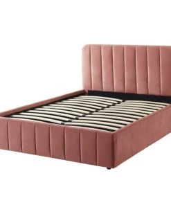 ELLE Décoration Lits Lit Coffre 140x190cm En Velours Rose + Tête De Lit + Sommier à Lattes -Sommiers Soldes lit coffre 140x190cm en velours rose tete de lit sommier a lattes 2