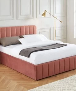 ELLE Décoration Lits Lit Coffre 140x190cm En Velours Rose + Tête De Lit + Sommier à Lattes -Sommiers Soldes lit coffre 140x190cm en velours rose tete de lit sommier a lattes 5