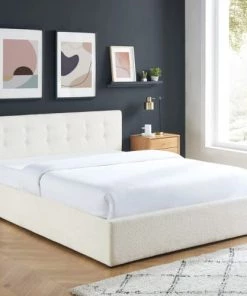 Homifab Lits Lit Coffre 160x200 En Tissu Bouclé Beige Avec Tête De Lit Et Sommier -Sommiers Soldes lit coffre 160x200 en tissu boucle beige avec tete de lit et sommier 2