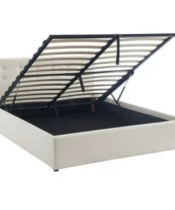 Homifab Lits Lit Coffre 160x200 En Tissu Bouclé Beige Avec Tête De Lit Et Sommier