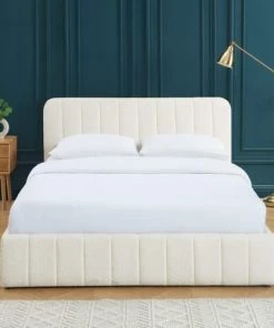 Homifab Lits Lit Coffre 160x200 En Tissu Bouclé écru + Tête De Lit + Sommier -Sommiers Soldes lit coffre 160x200 en tissu boucle ecru tete de lit sommier 2