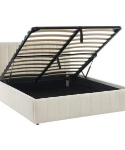 Homifab Lits Lit Coffre 160x200 En Tissu Bouclé écru + Tête De Lit + Sommier