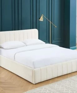 Homifab Lits Lit Coffre 160x200 En Tissu Bouclé écru + Tête De Lit + Sommier -Sommiers Soldes lit coffre 160x200 en tissu boucle ecru tete de lit sommier 4