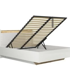 Brw Lits Lit Coffre 160x200 Sommier Inclus Avec Led Blanc Laqué Et Naturel