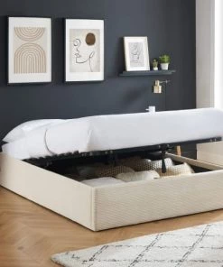 Homifab Lits Lit Coffre 160x200cm En Velours Côtelé Beige + Sommier à Lattes -Sommiers Soldes lit coffre 160x200cm en velours cotele beige sommier a lattes 1