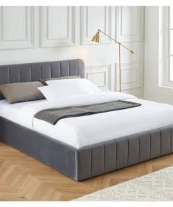 ELLE Décoration Lits Lit Coffre 160x200cm En Velours Gris + Tête De Lit + Sommier à Lattes -Sommiers Soldes lit coffre 160x200cm en velours gris tete de lit sommier a lattes 5