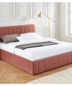 ELLE Décoration Lits Lit Coffre 160x200cm En Velours Rose + Tête De Lit + Sommier à Lattes -Sommiers Soldes lit coffre 160x200cm en velours rose tete de lit sommier a lattes 5