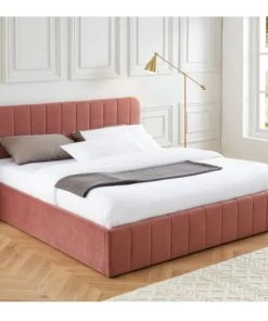 ELLE Décoration Lits Lit Coffre 180x200cm En Velours Rose + Tête De Lit + Sommier à Lattes -Sommiers Soldes lit coffre 180x200cm en velours rose tete de lit sommier a lattes 5
