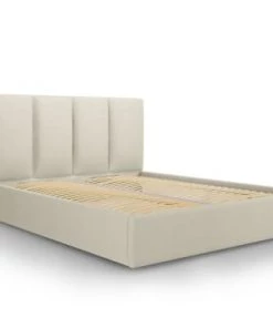 Micadoni Home Lits Lit Coffre Avec Tête De Lit 140x200 Cm En Tissu Structuré Beige