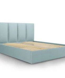 Micadoni Home Lits Lit Coffre Avec Tête De Lit 140x200 Cm En Tissu Structuré Bleu Clair