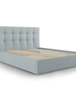 Micadoni Home Lits Lit Coffre Avec Tête De Lit 140x200 Cm En Tissu Structuré Bleu Clair