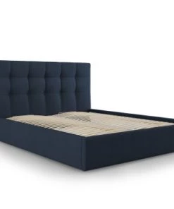 Micadoni Home Lits Lit Coffre Avec Tête De Lit 140x200 Cm En Tissu Structuré Bleu Foncé