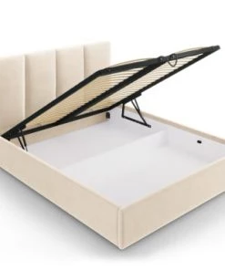 Micadoni Home Lits Lit Coffre Avec Tête De Lit 140x200 Cm En Velours Beige -Sommiers Soldes lit coffre avec tete de lit 140x200 cm en velours beige 1