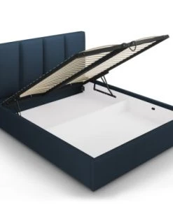 Micadoni Home Lits Lit Coffre Avec Tête De Lit 160x200 Cm En Tissu Structuré Bleu Foncé -Sommiers Soldes lit coffre avec tete de lit 160x200 cm en tissu structure bleu fonce 1